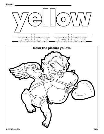 Free Valentine's Day cupid color yellow coloring page and color worksheet, yellow worksheet for preschoolers to learn colors, printable PDF