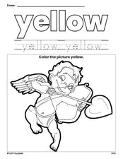 Free Valentine's Day cupid color yellow coloring page and color worksheet, yellow worksheet for preschoolers to learn colors, printable PDF