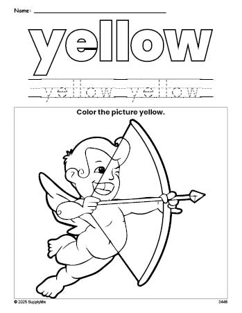 Free Valentine's Day cupid color yellow coloring page and color worksheet, yellow worksheet for preschoolers to learn colors, printable PDF