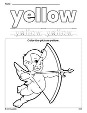 Free Valentine's Day cupid color yellow coloring page and color worksheet, yellow worksheet for preschoolers to learn colors, printable PDF