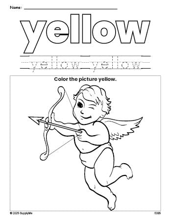 Free Valentine's Day cupid color yellow coloring page and color worksheet, yellow worksheet for preschoolers to learn colors, printable PDF