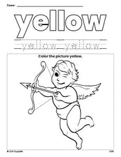 Free Valentine's Day cupid color yellow coloring page and color worksheet, yellow worksheet for preschoolers to learn colors, printable PDF