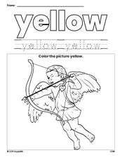 Free Valentine's Day cupid color yellow coloring page and color worksheet, yellow worksheet for preschoolers to learn colors, printable PDF