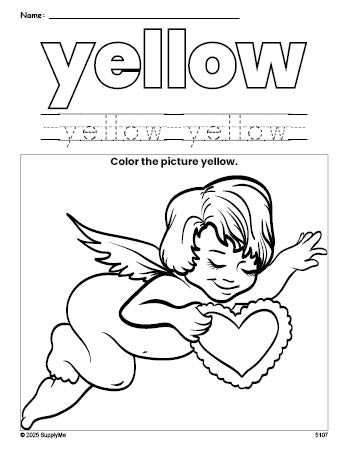 Free Valentine's Day cupid color yellow coloring page and color worksheet, yellow worksheet for preschoolers to learn colors, printable PDF