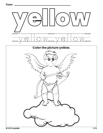 Free Valentine's Day cupid color yellow coloring page and color worksheet, yellow worksheet for preschoolers to learn colors, printable PDF