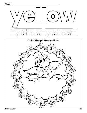 Free Valentine's Day cupid color yellow coloring page and color worksheet, yellow worksheet for preschoolers to learn colors, printable PDF