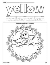 Free Valentine's Day cupid color yellow coloring page and color worksheet, yellow worksheet for preschoolers to learn colors, printable PDF