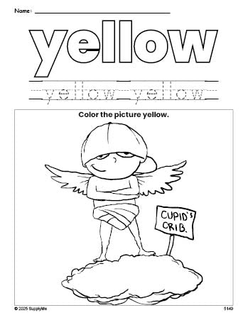 Free Valentine's Day cupid color yellow coloring page and color worksheet, yellow worksheet for preschoolers to learn colors, printable PDF