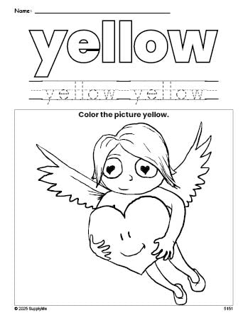 Free Valentine's Day cupid color yellow coloring page and color worksheet, yellow worksheet for preschoolers to learn colors, printable PDF