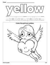 Free Valentine's Day cupid color yellow coloring page and color worksheet, yellow worksheet for preschoolers to learn colors, printable PDF