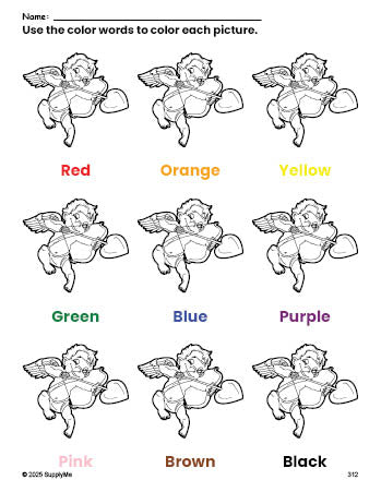 Free Valentine's Day cupid coloring page and color worksheet for preschoolers to learn colors, printable PDF