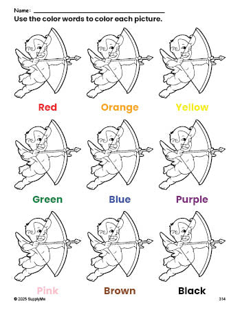 Free Valentine's Day cupid coloring page and color worksheet for preschoolers to learn colors, printable PDF