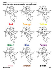 Free Valentine's Day cupid coloring page and color worksheet for preschoolers to learn colors, printable PDF