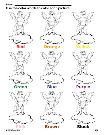 Free Valentine's Day cupid coloring page and color worksheet for preschoolers to learn colors, printable PDF