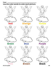 Free Valentine's Day cupid coloring page and color worksheet for preschoolers to learn colors, printable PDF