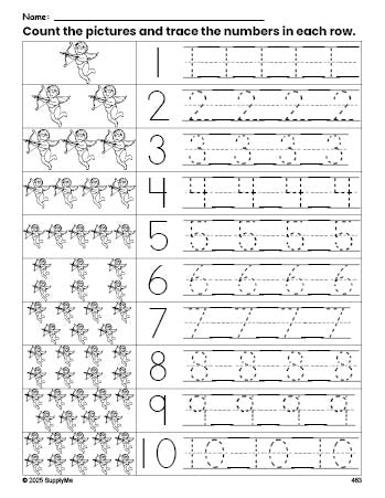 Free printable Valentine's Day cupid counting worksheet for preschool and pre-k with number tracing practice 1-10, PDF