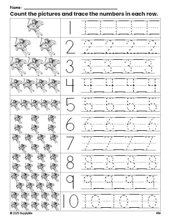 Free printable Valentine's Day cupid counting worksheet for preschool and pre-k with number tracing practice 1-10, PDF