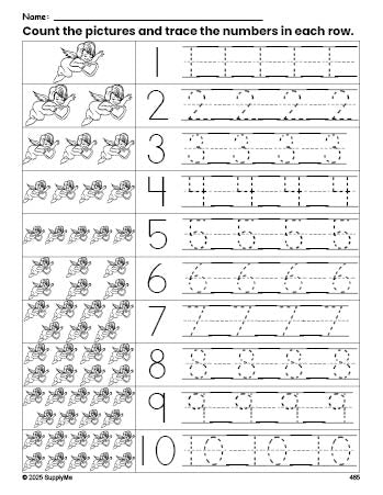 Free printable Valentine's Day cupid counting worksheet for preschool and pre-k with number tracing practice 1-10, PDF