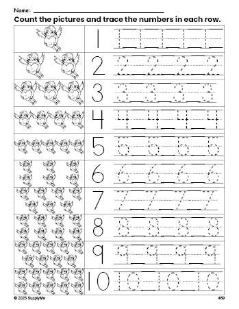 Free printable Valentine's Day cupid counting worksheet for preschool and pre-k with number tracing practice 1-10, PDF