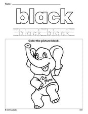 Free Valentine's Day elephant color black coloring page and color worksheet, black worksheet for preschoolers to learn colors, printable PDF