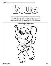 Free Valentine's Day elephant color blue coloring page and color worksheet, blue worksheet for preschoolers to learn colors, printable PDF