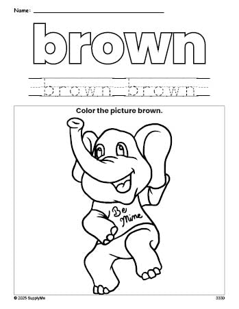 Free Valentine's Day elephant color brown coloring page and color worksheet, brown worksheet for preschoolers to learn colors, printable PDF