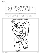 Free Valentine's Day elephant color brown coloring page and color worksheet, brown worksheet for preschoolers to learn colors, printable PDF