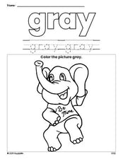 Free Valentine's Day elephant color gray coloring page and color worksheet, gray worksheet for preschoolers to learn colors, printable PDF