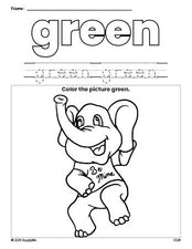 Free Valentine's Day elephant color green coloring page and color worksheet, green worksheet for preschoolers to learn colors, printable PDF