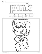 Free Valentine's Day elephant color pink coloring page and color worksheet, pink worksheet for preschoolers to learn colors, printable PDF