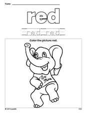 Free Valentine's Day elephant color red coloring page and color worksheet, red worksheet for preschoolers to learn colors, printable PDF