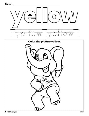 Free Valentine's Day elephant color yellow coloring page and color worksheet, yellow worksheet for preschoolers to learn colors, printable PDF