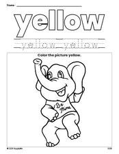 Free Valentine's Day elephant color yellow coloring page and color worksheet, yellow worksheet for preschoolers to learn colors, printable PDF