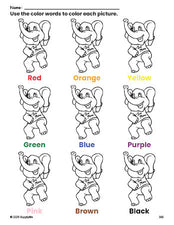 Free Valentine's Day elephant coloring page and color worksheet for preschoolers to learn colors, printable PDF