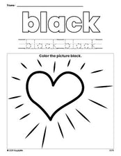 Free Valentine's Day heart color black coloring page and color worksheet, black worksheet for preschoolers to learn colors, printable PDF