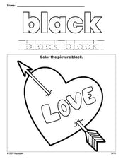 Free Valentine's Day heart color black coloring page and color worksheet, black worksheet for preschoolers to learn colors, printable PDF