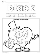 Free Valentine's Day heart color black coloring page and color worksheet, black worksheet for preschoolers to learn colors, printable PDF