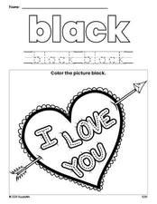 Free Valentine's Day heart color black coloring page and color worksheet, black worksheet for preschoolers to learn colors, printable PDF