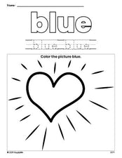 Free Valentine's Day heart color blue coloring page and color worksheet, blue worksheet for preschoolers to learn colors, printable PDF