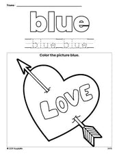 Free Valentine's Day heart color blue coloring page and color worksheet, blue worksheet for preschoolers to learn colors, printable PDF