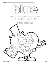 Free Valentine's Day heart color blue coloring page and color worksheet, blue worksheet for preschoolers to learn colors, printable PDF