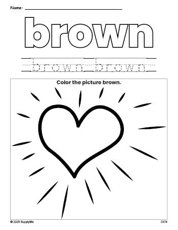 Free Valentine's Day heart color brown coloring page and color worksheet, brown worksheet for preschoolers to learn colors, printable PDF