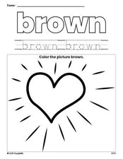 Free Valentine's Day heart color brown coloring page and color worksheet, brown worksheet for preschoolers to learn colors, printable PDF