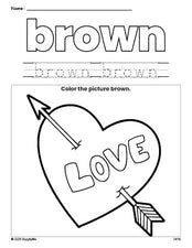 Free Valentine's Day heart color brown coloring page and color worksheet, brown worksheet for preschoolers to learn colors, printable PDF