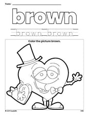 Free Valentine's Day heart color brown coloring page and color worksheet, brown worksheet for preschoolers to learn colors, printable PDF