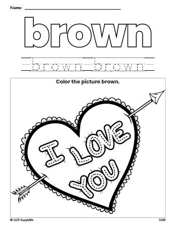 Free Valentine's Day heart color brown coloring page and color worksheet, brown worksheet for preschoolers to learn colors, printable PDF