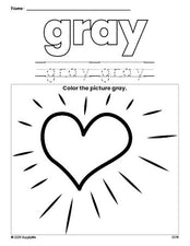 Free Valentine's Day heart color gray coloring page and color worksheet, gray worksheet for preschoolers to learn colors, printable PDF