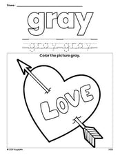 Free Valentine's Day heart color gray coloring page and color worksheet, gray worksheet for preschoolers to learn colors, printable PDF