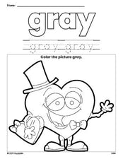 Free Valentine's Day heart color gray coloring page and color worksheet, gray worksheet for preschoolers to learn colors, printable PDF