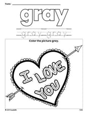 Free Valentine's Day heart color gray coloring page and color worksheet, gray worksheet for preschoolers to learn colors, printable PDF